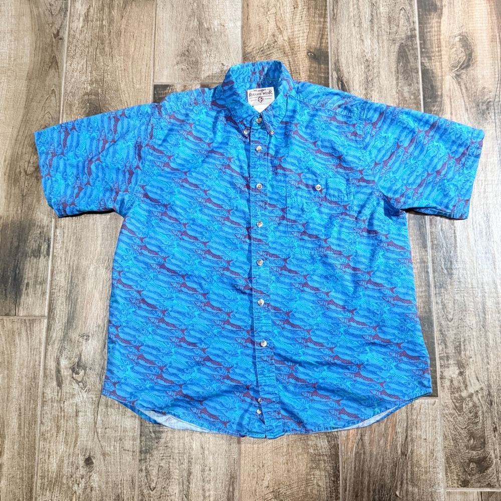 Wrangler Rugged Wear VTG Mens AOP Trout Print Button Down Shirt, Blue Purple,XL